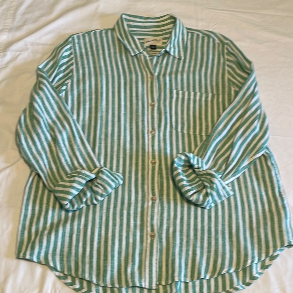 Green and White Striped Relaxed Button Up